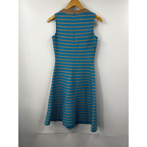 St. John Dress Blue Tan Striped Sleeveless Crewneck A-Line Fit & Flare Wool Knit - Picture 6 of 6